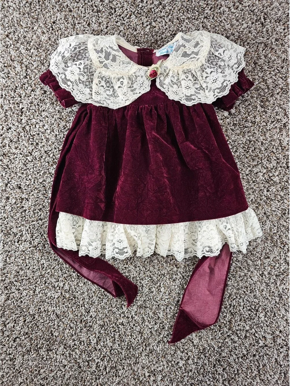 Vintage Sarah Kent Baby Girls Sz 12M Formal Victorian Style Dress Burgundy Lace